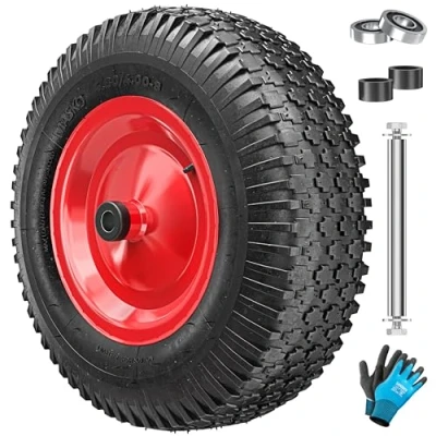 Abbildung von MASKO® Schubkarrenrad Luftbereifung 250kg Ersatzrad Luftreifen Schubkarre Gartenkarre 40cm / 15,6&quot; extrabreit 9,5cm Luft Rad pannensicherer Reifen mit Stahlfelge &amp; Handschuhe Karbonstahl Kugellager