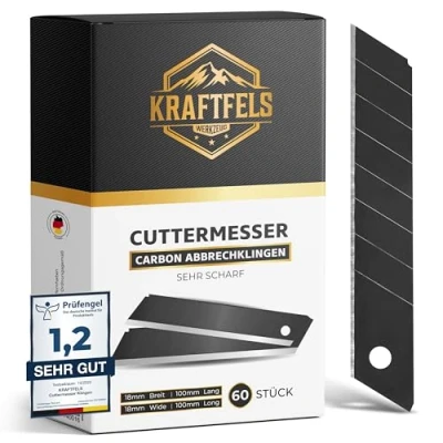 Abbildung von KRAFTFELS 60x Profi Cuttermesser Klingen 18mm Ersatzklingen aus hochwertigem Carbonstahl Gehärtet &amp; ultra scharf Abbrechklingen für Cutter Messer Schwarz…