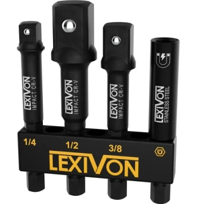 Abbildung von LEXIVON Impact Stecknuss Adapter bit &amp; Magnetic bithalter Set 4 Stück of 1/4 Inch Hex Shank Extension auf 1/4&quot;, 3/8&quot;, and 1/2&quot; Drive (6.35 9.5 12.7mm)