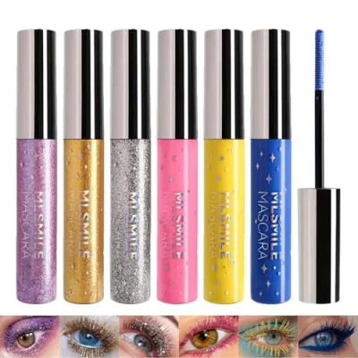 Abbildung von Sitovely 6 Farben Glitzer Mascara für Wimpern, funkelnde wasserfeste Diamant verlängernde wischfeste voluminöse geschwungene farbenfrohe Mascara/Blau/Violett/Gelb/Silber/Rot