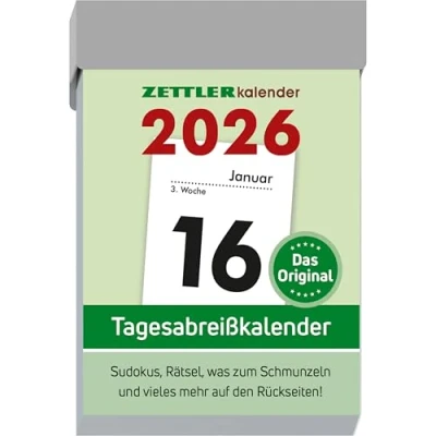 Abbildung von Tagesabreißkalender S 2026 4,1x5,9 cm 1 Tag auf Seite mit Sudokus, Rezepten, Rätseln uvm. den Rückseiten Bürokalender 301 0000