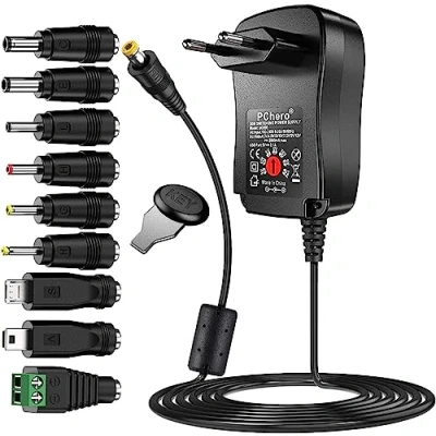 Abbildung von PChero 30W Universal AC/DC Adapter Schaltnetzteil mit 9pcs Tipps, enthält Mini &amp; Micro USB Stecker, für 3V bis 12V Haushaltselektronik und LED Streifen 2000mA max