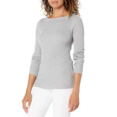 Abbildung von Amazon Essentials Damen Leichter, Gerippter Langarm Pullover mit U Boot Ausschnitt in schmaler Passform, Hellgrau Meliert, XS