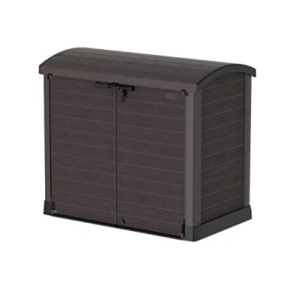 Abbildung von Duramax Cedargrain StoreAway 1200L Gartenhaus aus Kunststoff / Bogendeckel, Mülltonnenbox, Gartenhaus, solide Konstruktion, ideal für Werkzeuge, BBQs und 2x 240L Mülltonnen, 145x85x125 cm, Braun