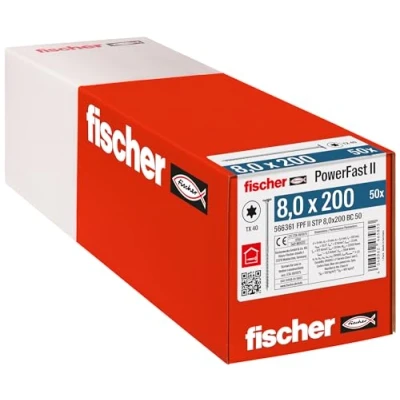 Abbildung von fischer PowerFast II STP 8,0 x 200, kraftvolle Holzbauschraube mit Stufensenkkopf, Innenstern Aufnahme und Teilgewinde, für den konstruktiven Holzbau, 50 Stk.