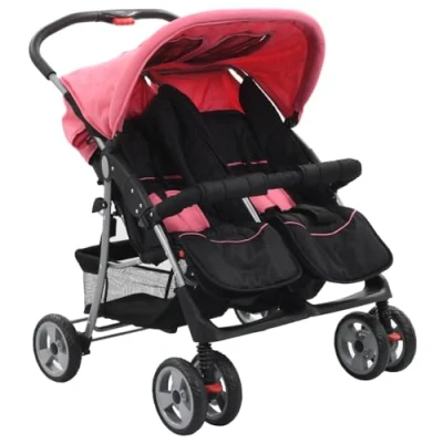 Abbildung von vidaXL Kinder Buggy Zwillingskinderwagen Rosa und Schwarz Stahl
