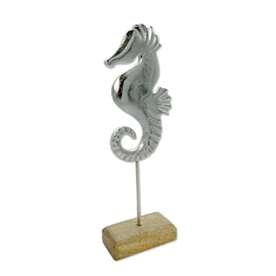 Abbildung von Metall Skulptur mit Holz Fuß Silber braun Seepferd 11 x 33cm Dekofigur Tisch Deko Maritim Mediterran Meeresdeko