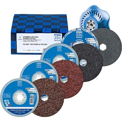 Abbildung von PFERD COMBICLICK Vlies /Filzronden Set, 5 teilig / Ø 125mm Korund A240, A180, A100, Siliciumcarbid SiC fein, inkl. Stützteller 42098003 für Feinschliff &amp; Finish mit dem Winkelschleifer