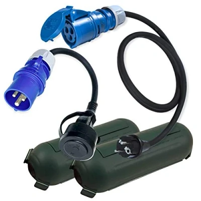 Abbildung von IntuiFlex CEE Adapter Stecker Kupplung Schutzbox/Kabelbox Set Grün Camping Boot Wohnmobil Wohnwagen Zubehör H07RN F 3x2,5mm 230V 16A Campingstecker Kabel 1,5m u. 0,3m Strom