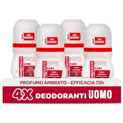 Abbildung von Borotalco, Deodorant für Herren, Roll On Trocken Bernstein, mit absolutem Talkum, absorbiert Schweiß, ohne Alkohol, bernsteinfarbener Duft, 72h Wirksamkeit 4 Stück à 50 ml Exklusiv von Amazon