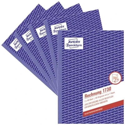 Abbildung von AVERY Zweckform 1730 5 Rechnung (A5, 2x40 Blatt, selbstdurchschreibend mit farbigem Durchschlag, enthält alle vom Finanzamt geforderten Angaben) 5er Pack, weiß/gelb