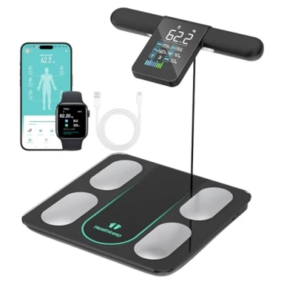 Abbildung von Healthkeep Personenwaage 8 Elektroden 21 Körperdaten VA Anzeige App Für Android und iOS, BIA Messung mit doppelter Frequenz 31*31CM, Max. 180 kg/400 lb/28st, iOS Apps