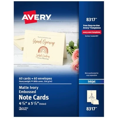 Abbildung von Avery Bedruckbare Notizkarten mit Umschlägen, 10,8 x 14 cm, elfenbeinfarben geprägtem Rand, 60 Blanko für Tintenstrahldrucker (08317)