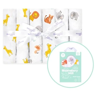 Abbildung von Bloomsbury Mill Mulltücher Baby 6er Pack 70x70cm Spucktücher aus 100% Reine Bio Baumwolle Musselin Saugfähig, Atmungsaktiv Decke für Neugeborenen Musselintücher Tiere