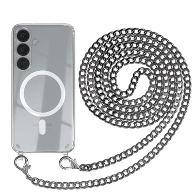 Abbildung von EAZY CASE Handykette kompatibel mit Galaxy S25 Kette zum Umhängen Stoßfest Handyhülle für Silikon Hülle Band aus Metall Transparent als Fallschutz in Anthrazit