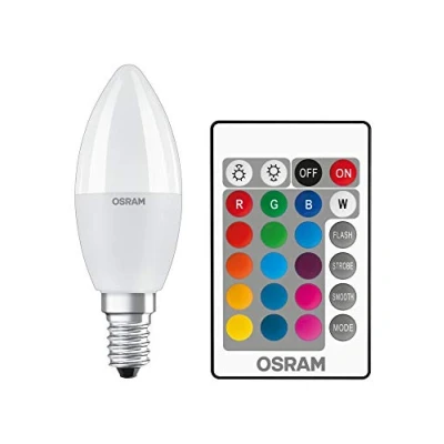 Abbildung von OSRAM STAR+ RGBW LED Lampe mit E14 Sockel, RGB Farben per Fernbedienung änderbar, 5.5W, Kerzenform, Ersatz für 40W Glühbirne, matt, Retrofit lamps with remote control, 4er Pack