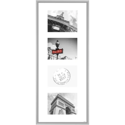 Abbildung von nielsen Collagerahmen mit Passepartout, 30x74 cm 4x 13x18 cm, Aluminium, Silber matt, Collage 4 Bildern zum Aufhängen im Hoch &amp; Querformat, Echtglas, Gallery Junior