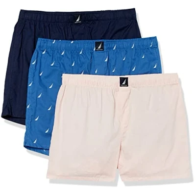 Abbildung von Nautica Herren Baumwolle, gewebt, 3 Stück Boxershorts, Peacoat/Oasis Pink/Sails Bolt Blue, X Large