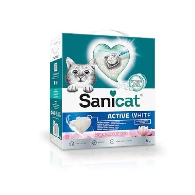 Abbildung von Sanicat Klumpstreu Active White mit Lotusblumenduft Hergestellt aus natürlichen Mineralien garantierter Geruchsbindung Absorbiert die Feuchtigkeit und erleichtert Reinigung Packungsgröße 6l