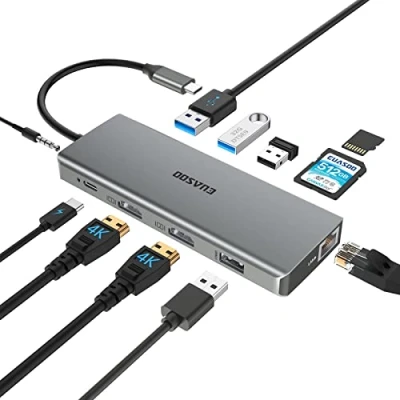 Abbildung von EUASOO USB C HUB 11 in 1 Triple Display Adapter Dockingstation mit 2 HDMI, USB3.0, USB2.0, 100W Pd 3.0, Ethernet, SD/TF Kartenleser, Audio/Mikrofon
