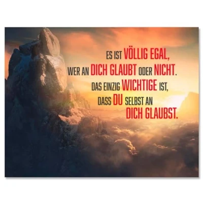 Abbildung von wandmotiv24 Leinwandbild Motivation, Querformat, Glaub an Dich selbst, Berge, Sonne M0435