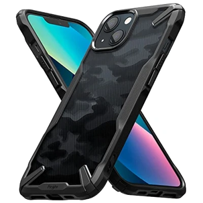 Abbildung von Ringke Fusion X Case Kompatibel mit iPhone 13 Hülle, Verbesserte Griffigkeit Handyhülle, Handschlaufe Loch Fingerabdruckfest 3D Militär Muster Camo Schwarz