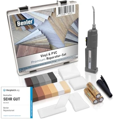 Abbildung von BENLER NEU! PVC Vinyl und Kunststoff Reparaturset für Kunststoffoberflächen wie Vinylboden, Bodenbelag &amp; Arbeitsplatte Laminat Parkett Holz Optik grau Hartwachs Holzkitt Reparatur
