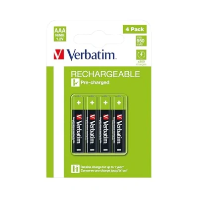 Abbildung von Verbatim Premium wiederaufladbare Akkus AAA Batterien 4 er Pack, 1,2V 950mAh, NiMH HR03 aufladbar, Low self discharge, Mignon vorgeladen für Controller Spielzeug Kamera uvm