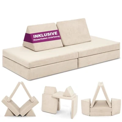 Abbildung von Linodino® Spielsofa Kindersofa aus Schaumstoff Bausteine für Kinder &amp; Kuschelecke im Kinderzimmer [OHNE Harte Teile] Morgentau Beige