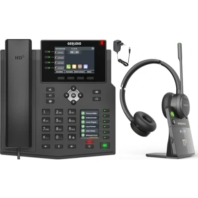 Abbildung von GEQUDIO IP Telefon GX5+ Set mit Netzteil &amp; DECT Headset Basisstation Fritzbox, Telekom kompatibel Kabelloses ANC Deutsche Anleitung (PDF) für Fritz Box, Sipgate, Speedport