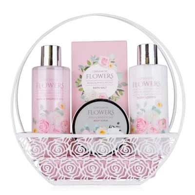 Abbildung von Accentra Badeset DREAM OF FLOWERS in Drahtkorb mit Henkel, inkl. Duschgel, Bodylotion, Badesalz und Körperpeeling Wellness Geschenk Set zum Geburtstag, Valentinstag oder Muttertag
