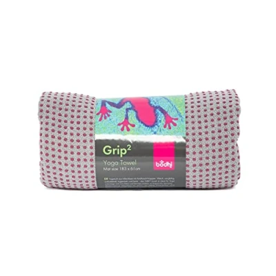 Abbildung von GRIP² Yoga Towel zweifarbig: grau mit Antirutschnoppen aubergine