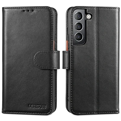 Abbildung von LENSUN Echtleder Hülle für Samsung Galaxy S22, Handyhülle [Echtes Leder] [Magnetverschluss] [RFID Schutz] Handytasche Lederhülle S22 5G Schwarz