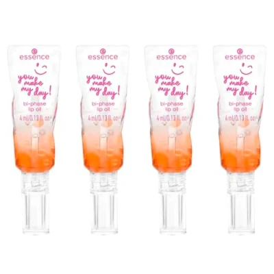 Abbildung von essence you make my day! bi phase lip oil, Lipgloss, Nr. 01, Transparent, pflegend, glänzend, strahlend frisch, vegan, ohne Parabene, Mikroplastikpartikel, Nanopartikel frei, 4er Pack (4x4ml)