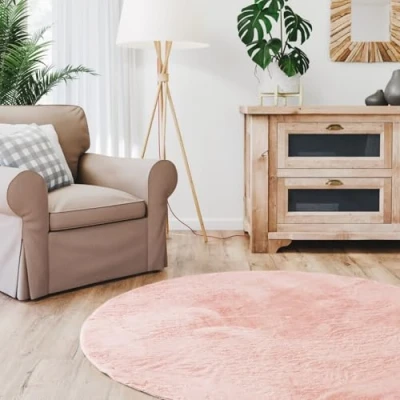 Abbildung von Interiyou Fargo Teppich Wohnzimmer 200x200 cm Rund Rosa Kurzflor Waschbar und rutschfest Flauschiger Fellteppich aus Kunstfell weicher Langflor Fell