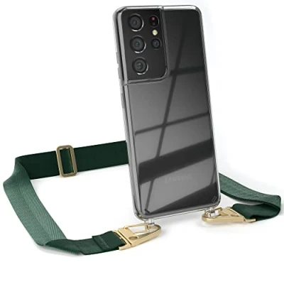 Abbildung von EAZY CASE Hülle mit Band kompatibel Samsung Galaxy S21 Ultra 5G Handyhülle Umhängeband für Silikonhülle Transparent Schutzhülle Handykette zum Umhängen Handykordel Grün Gold