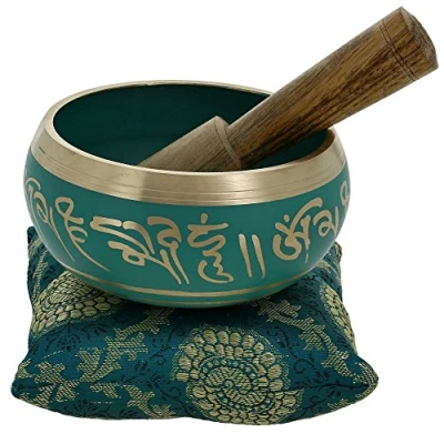 Abbildung von Ajuny Tibetisches Klangschalen Set Handgefertigte Meditations Klangschale aus Messing Grün 4 zoll mit Stab und Kissen für Yoga, Chakra Heilung Achtsamkeit Stressabbau