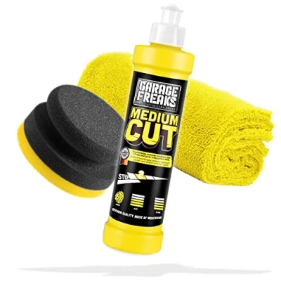 Abbildung von Garage Freaks Handpolitur Set Step 2: Medium Cut Hologrammentferner 250ml Entfernt leichte Kratzer und Gebrauchsspuren + Handpolierschwamm Mikrofaser Poliertuch Für eine optimale Auto Politur
