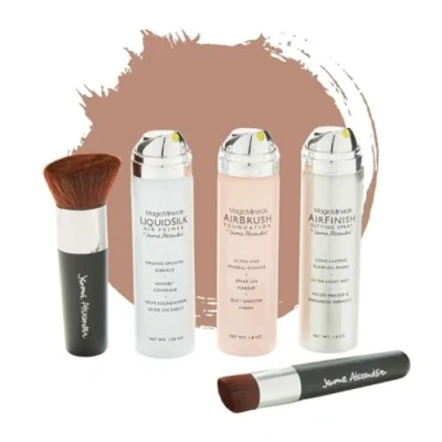 Abbildung von Jerome Alexander Magic Minerals AirBrush Foundation Set 5 St.Foundation + Primer &amp; Fixier Spray 2 Pinsel Integriertes Make up mit Hautpflege feuchtigkeitsspendend (Medium, 50 45 ml)