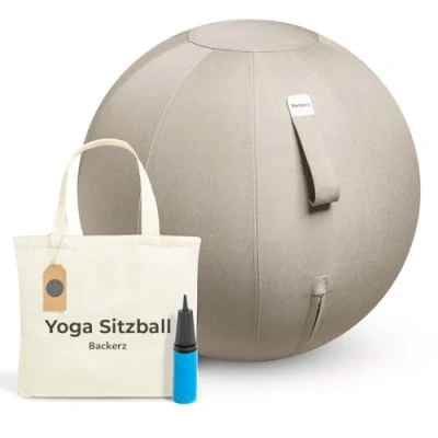 Abbildung von Backerz® Sitzball 65 cm Ergonomische Sitzmöbel für Büro und Heimbüro Langlebiger Stoff, Gymnastikball Fitness Ball, Ballstuhl mit Ballauflage Waschbarer Leinenbezug Cremegrau