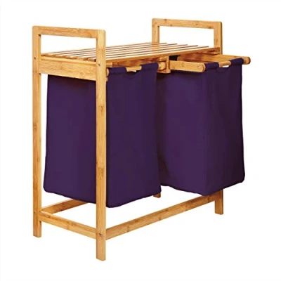 Abbildung von Lumaland Wäschekorb aus Bambus mit 2 ausziehbaren Wäschesäcken Größe ca. 73 cm Höhe x 64 Breite 33 Tiefe, Farbe: Lila