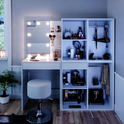 Abbildung von Vicco Schminktisch Isabelle, Weiß, 140 cm mit LED, Hocker und Schränken