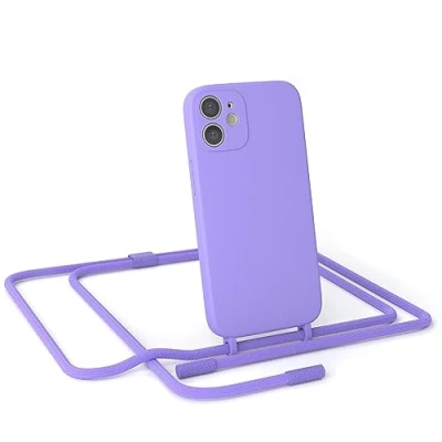 Abbildung von EAZY CASE Handykette Silikon Premium kompatibel mit iPhone 12 Mini Handyhülle Umhängeband, Handykordel Schutzhülle, Silikonhülle, Hülle Band, Kette für Smartphone, Lavendel Lila