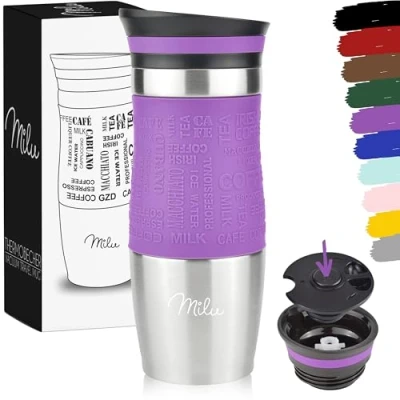 Abbildung von Milu Thermobecher Kaffee to go 370ml, 450ml Isolierbecher Kaffeebecher 100% Auslaufsicher Trinkbecher aus Edelstahl Autobecher doppelwand Isolierung Travel Mug (Violett, 370ml)