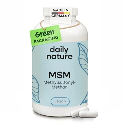 Abbildung von dailynature MSM Kapseln hochdosiert 1600 mg Pulver pro Tagesdosis 365 Nahrungsergänzungsmittel mit Methylsulfonylmethan vegan &amp; ohne Zusätze glutenfrei laktosefrei