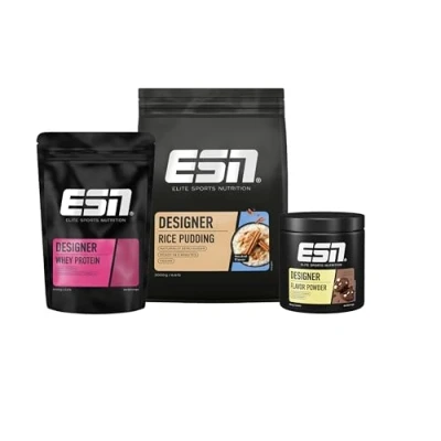Abbildung von ESN Gewinnerfrühstück Bundle mit Instant Rice Pudding, Designer Whey Dark Cookies and Cream &amp; Flavn Tasty Cookie Crumb Energiequelle Protein, wenig Fett ohne Zucker