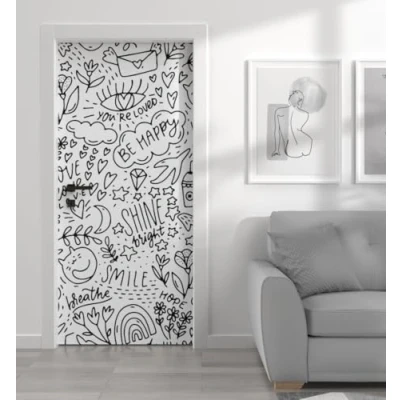 Abbildung von MyMaxxi Tür bekleben mit Türtapete Selbstklebend 90x200 Cartoon Muster verschönern Türfolie Türaufkleber XXL Aufkleber Folie Türposter Türklebefolie Kunst Malerei Blumen schwarz Weiss
