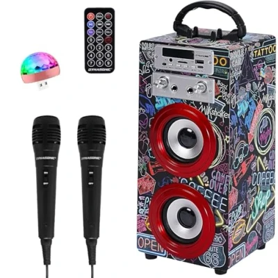 Abbildung von DYNASONIC Karaoke mit 2 Mikrofonen, tragbarer Maschine, Bluetooth Lautsprecher, USB und SD Kartenleser, Lichter, Geschenk für Kinder von 5 bis 13 Jahren (Model 21 Lights)