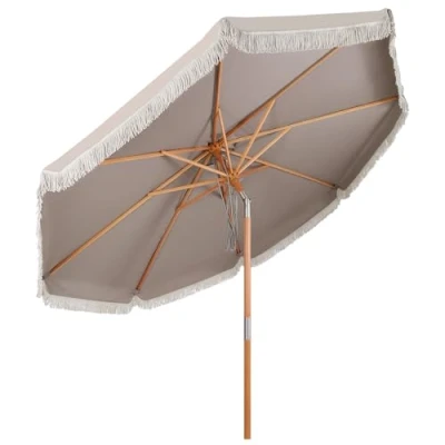 Abbildung von Sekey Fransen Sonnenschirm 300 cm Holz mit Quasten Marktschirm Gartenschirm Hawaii Terrassenschirm Rund UV50+