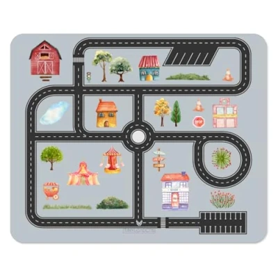 Abbildung von TINYLOADERS Praktische Bodenmatten zum Unterlegen unter Hochstuhl Kinderstuhl Spielmatte Spritzmatte für Kunst Handwerk waschbarer wasserdichter rutschfester Bodenschutz 110 cm x 95 Straßenmuster
